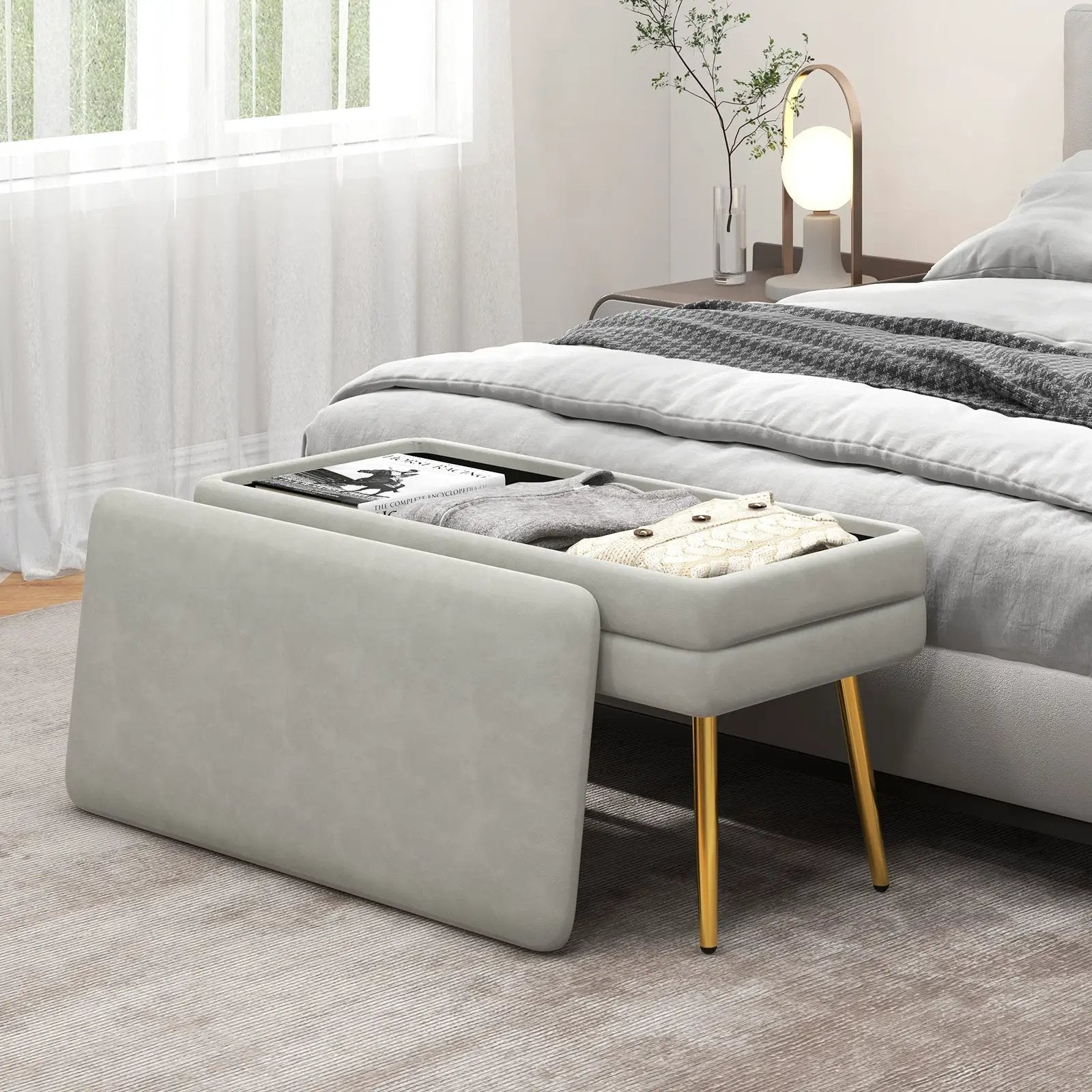Velvet Upholstered Storage Bench with Removable Top-Grey by DirectDeals