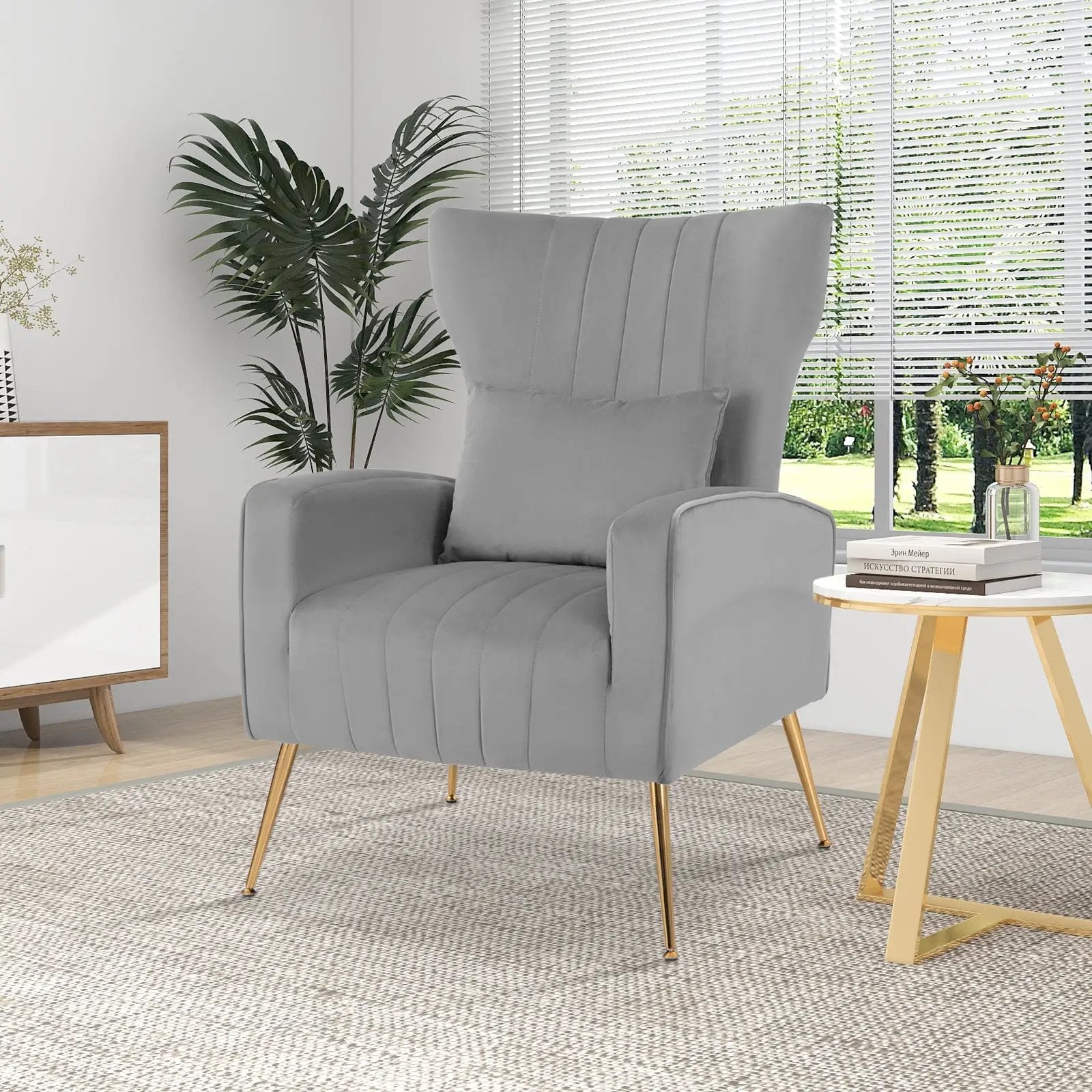 Velvet Upholstered Wingback Chair with Lumbar Pillow and Golden Metal Legs by DirectDeals