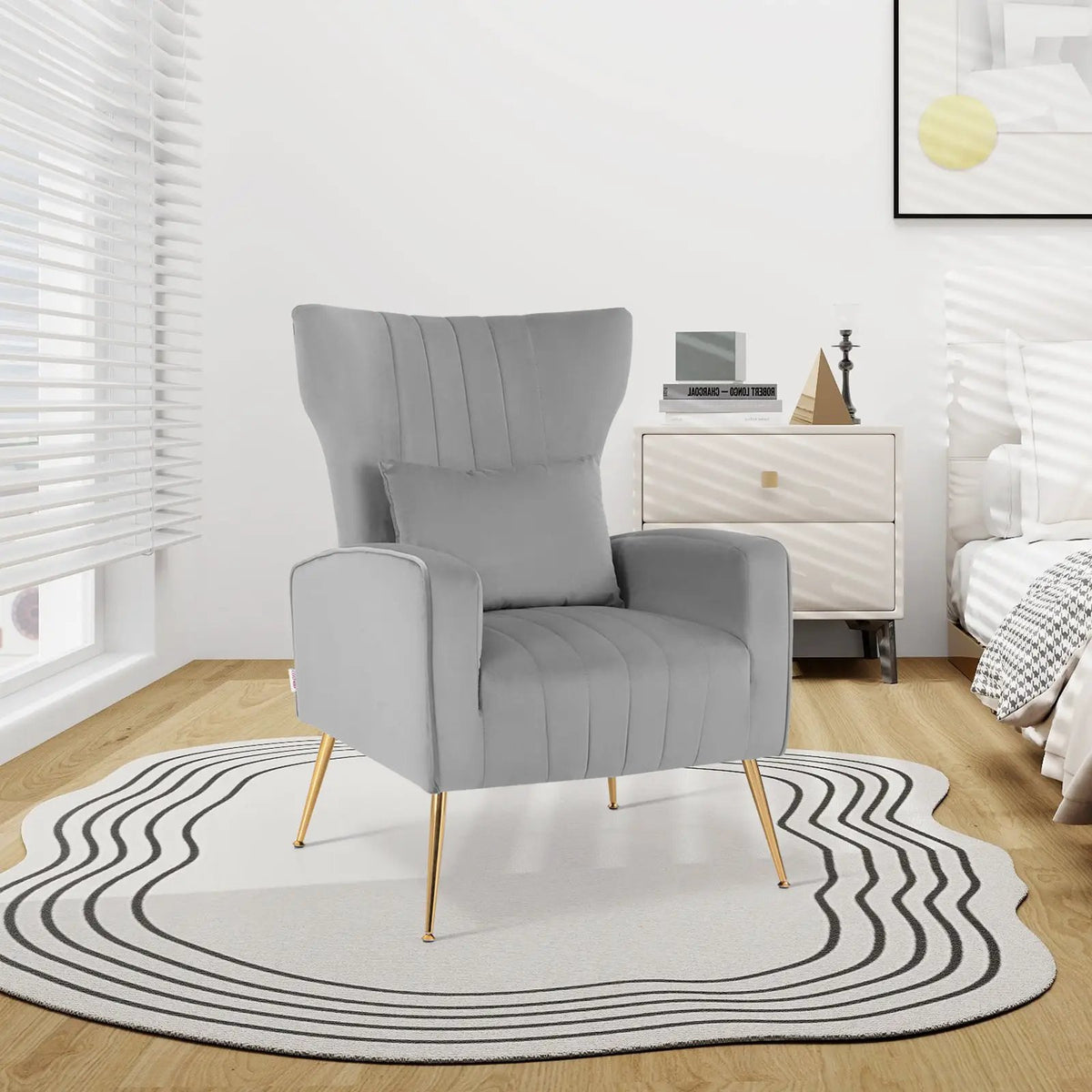 Velvet Upholstered Wingback Chair with Lumbar Pillow and Golden Metal Legs, photo 8 of 32