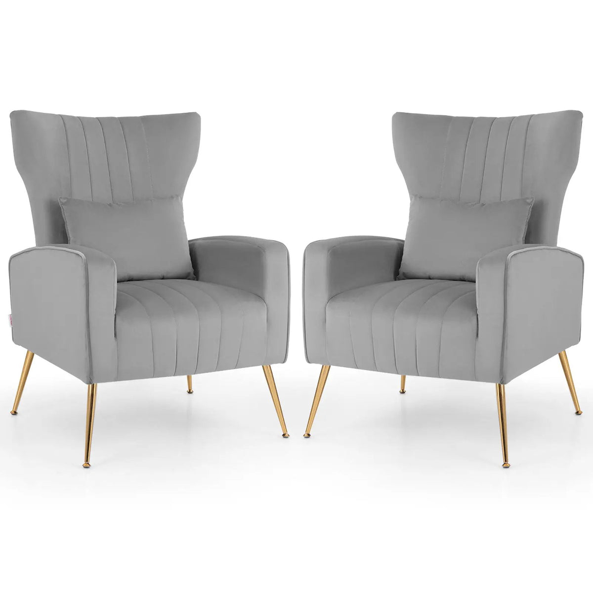 Velvet Upholstered Wingback Chair with Lumbar Pillow and Golden Metal Legs, photo 16 of 32