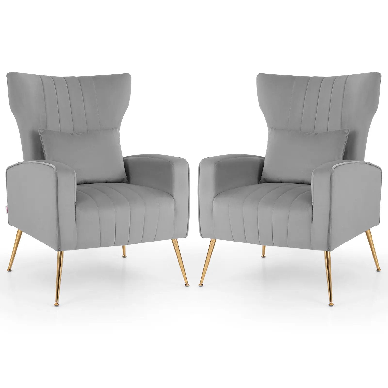 Velvet Upholstered Wingback Chair with Lumbar Pillow and Golden Metal Legs by DirectDeals