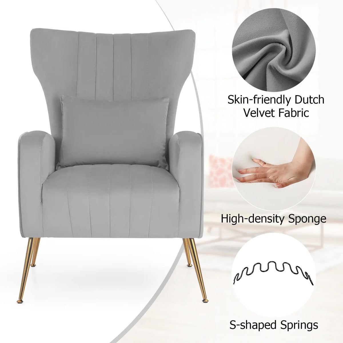 Velvet Upholstered Wingback Chair with Lumbar Pillow and Golden Metal Legs, photo 24 of 32