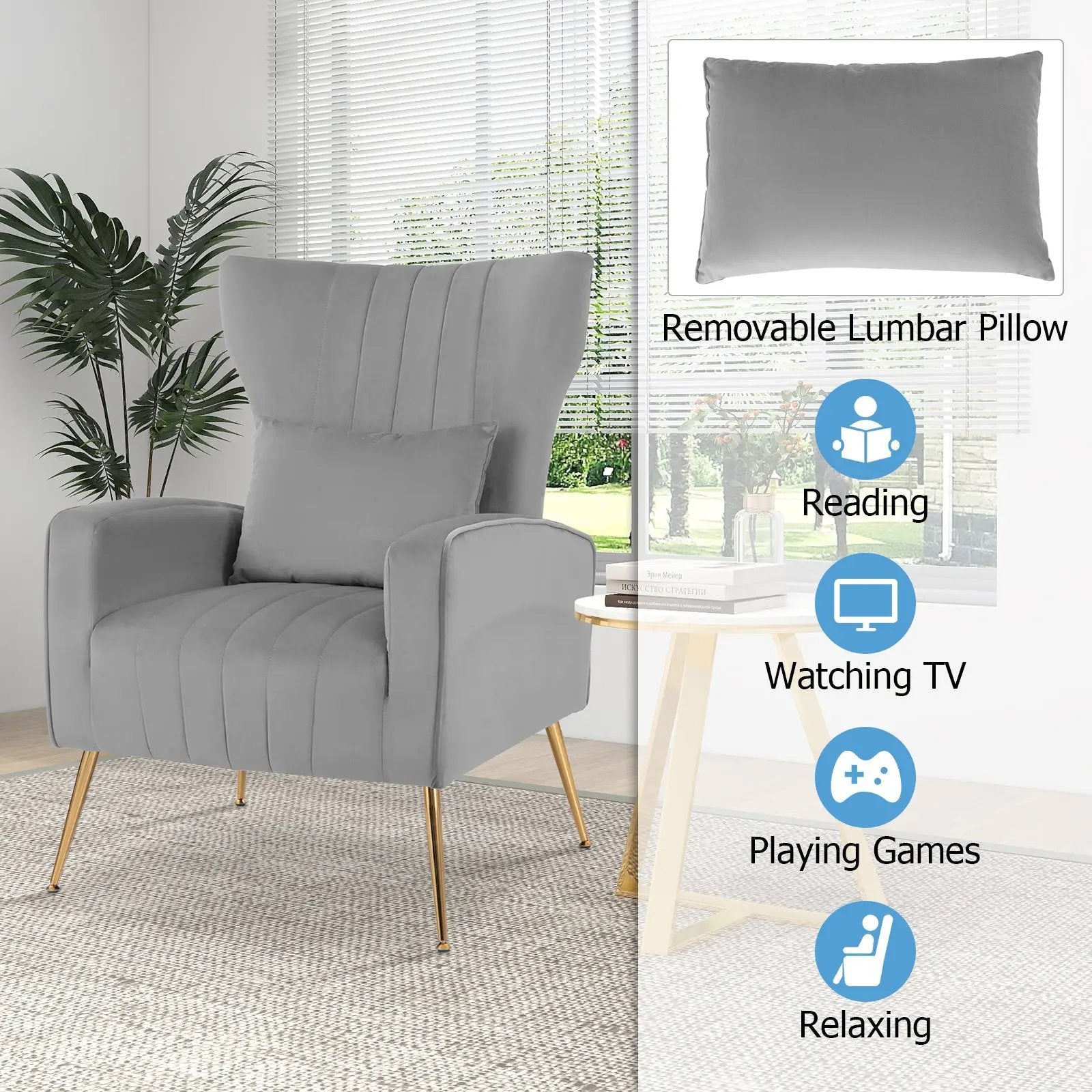 Velvet Upholstered Wingback Chair with Lumbar Pillow and Golden Metal Legs by DirectDeals