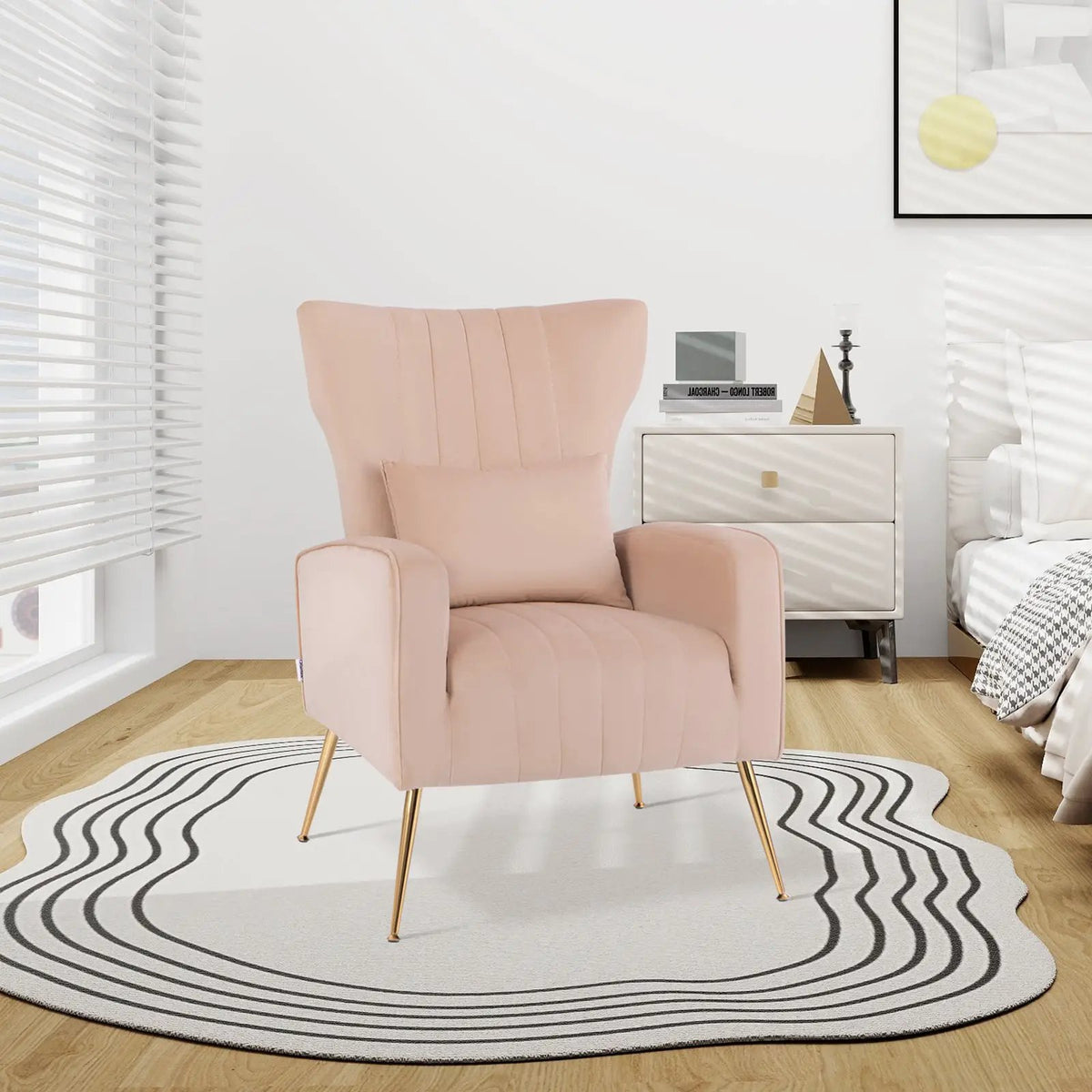 Velvet Upholstered Wingback Chair with Lumbar Pillow and Golden Metal Legs, photo 5 of 32
