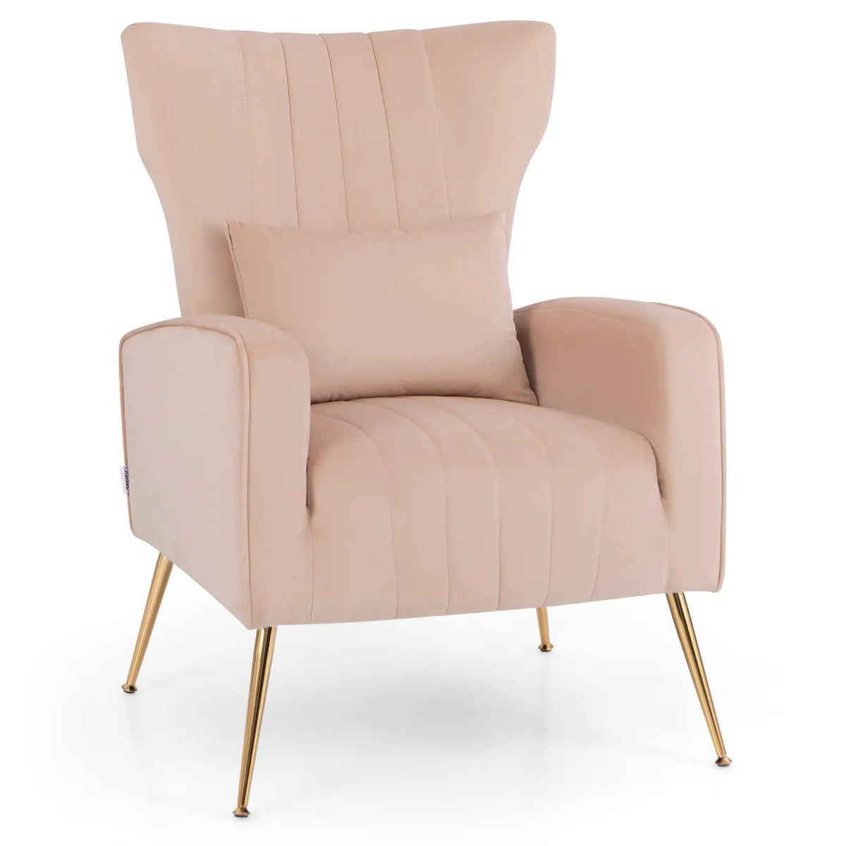 Velvet Upholstered Wingback Chair with Lumbar Pillow and Golden Metal Legs, photo 9 of 32