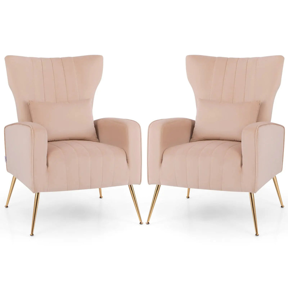 Velvet Upholstered Wingback Chair with Lumbar Pillow and Golden Metal Legs, photo 13 of 32