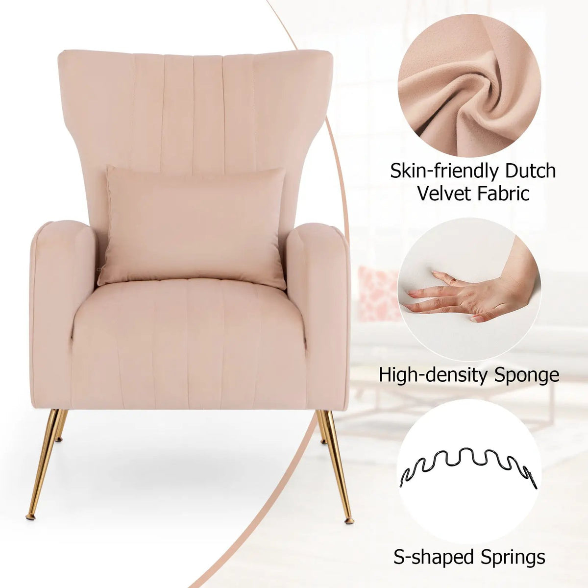 Velvet Upholstered Wingback Chair with Lumbar Pillow and Golden Metal Legs, photo 23 of 32