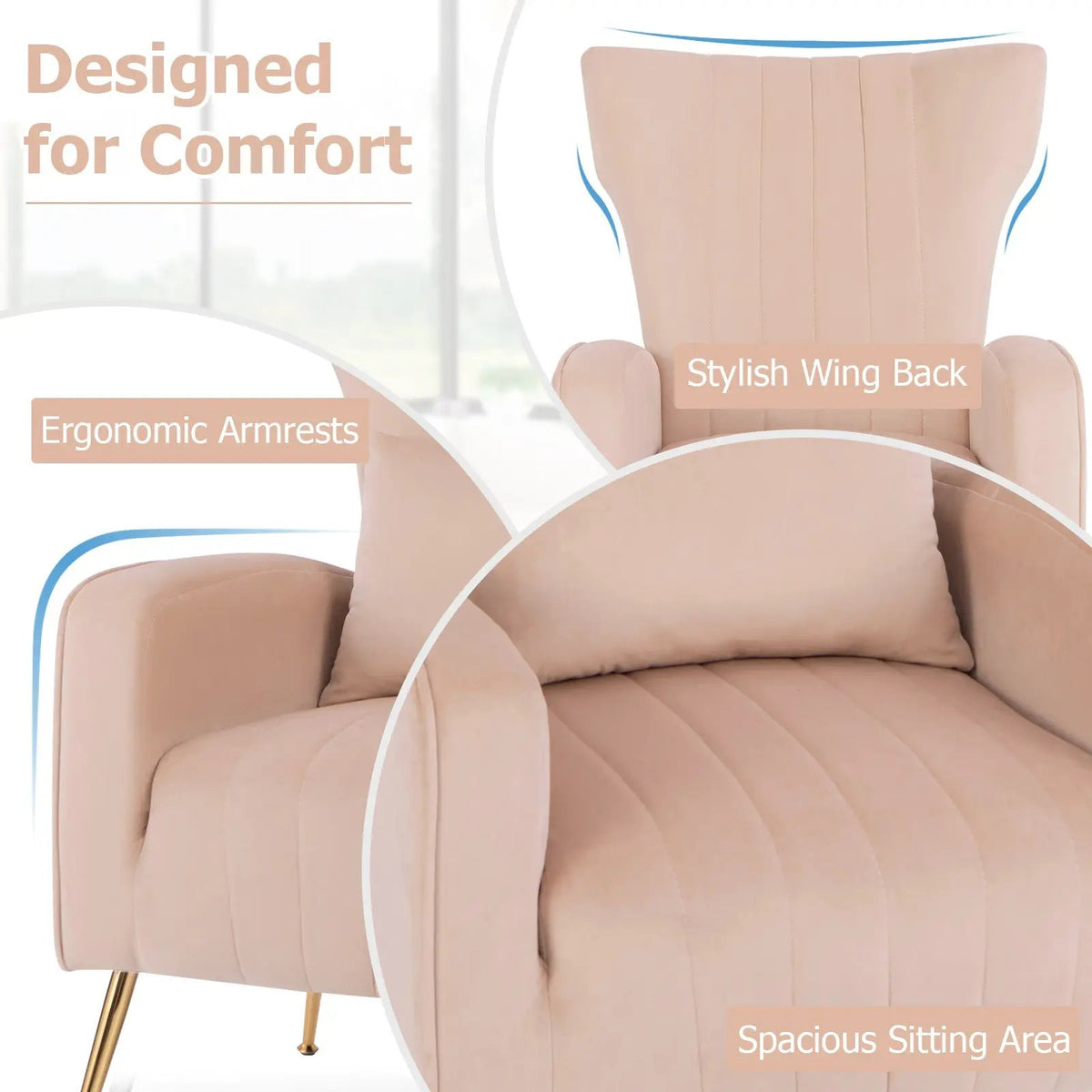 Velvet Upholstered Wingback Chair with Lumbar Pillow and Golden Metal Legs, photo 26 of 32