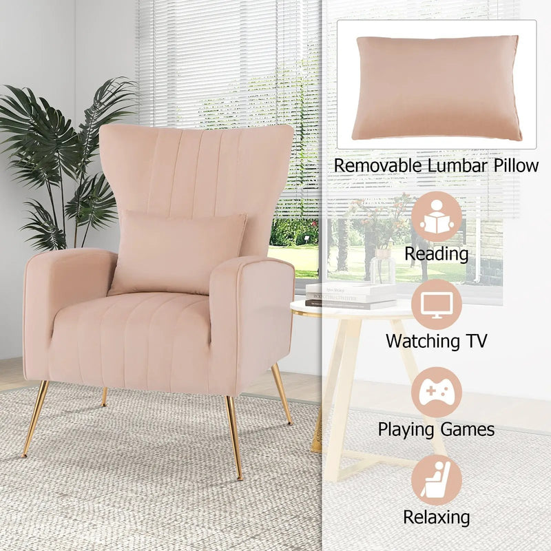 Velvet Upholstered Wingback Chair with Lumbar Pillow and Golden Metal Legs by DirectDeals