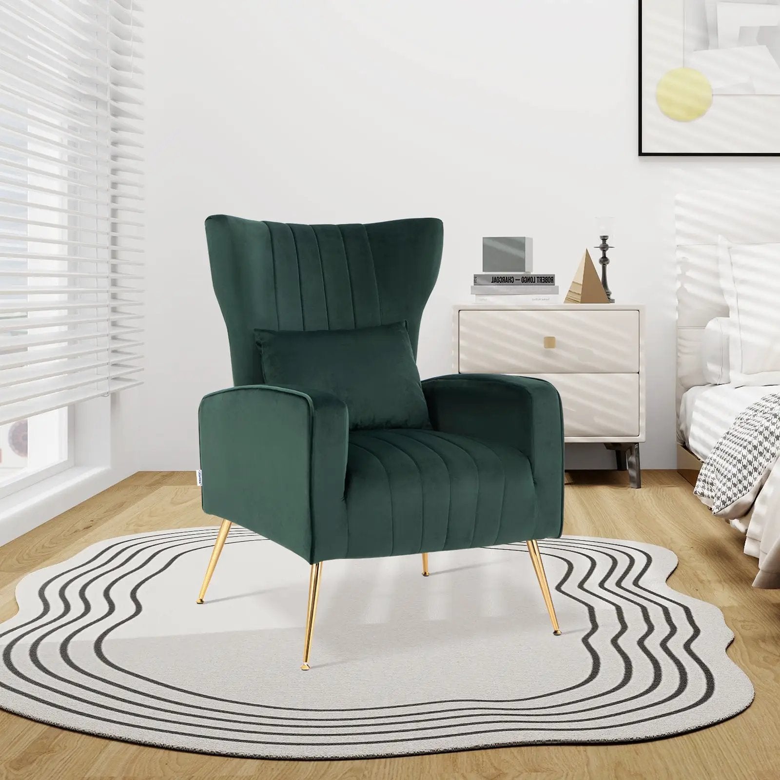 Velvet Upholstered Wingback Chair with Lumbar Pillow and Golden Metal Legs by DirectDeals