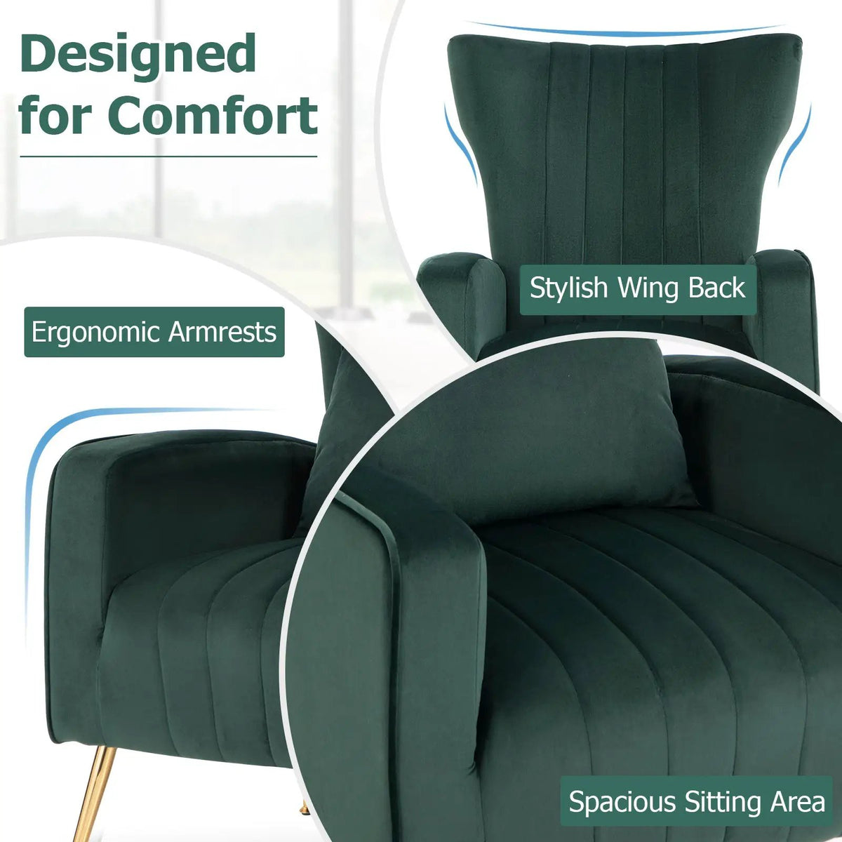 Velvet Upholstered Wingback Chair with Lumbar Pillow and Golden Metal Legs, photo 27 of 32