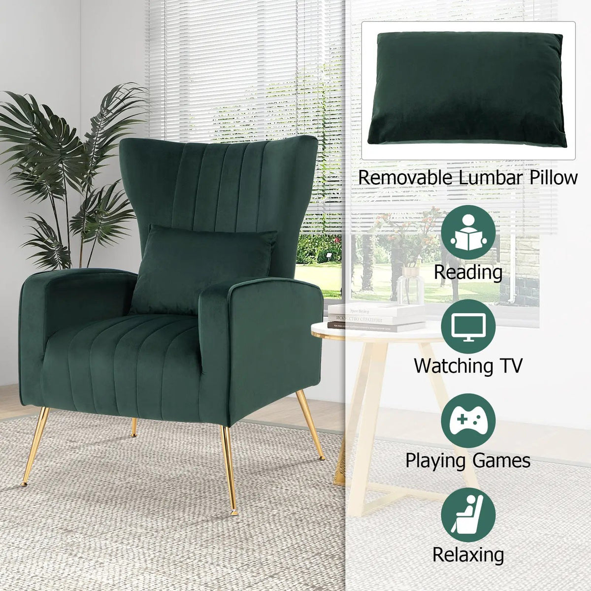 Velvet Upholstered Wingback Chair with Lumbar Pillow and Golden Metal Legs, photo 30 of 32