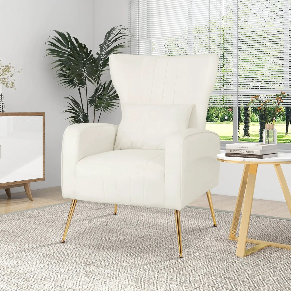Velvet Upholstered Wingback Chair with Lumbar Pillow and Golden Metal Legs, photo 3 of 32