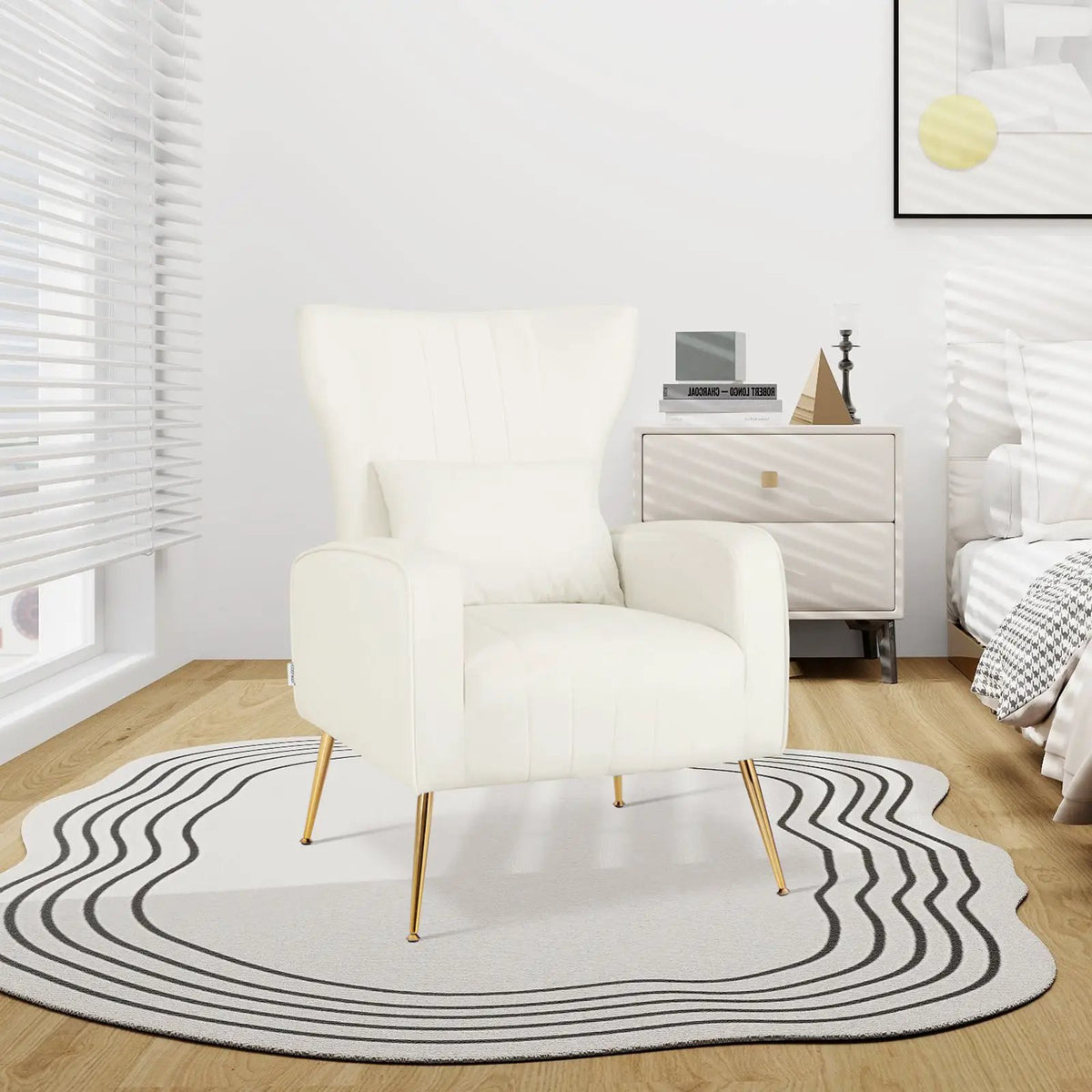 Velvet Upholstered Wingback Chair with Lumbar Pillow and Golden Metal Legs, photo 6 of 32
