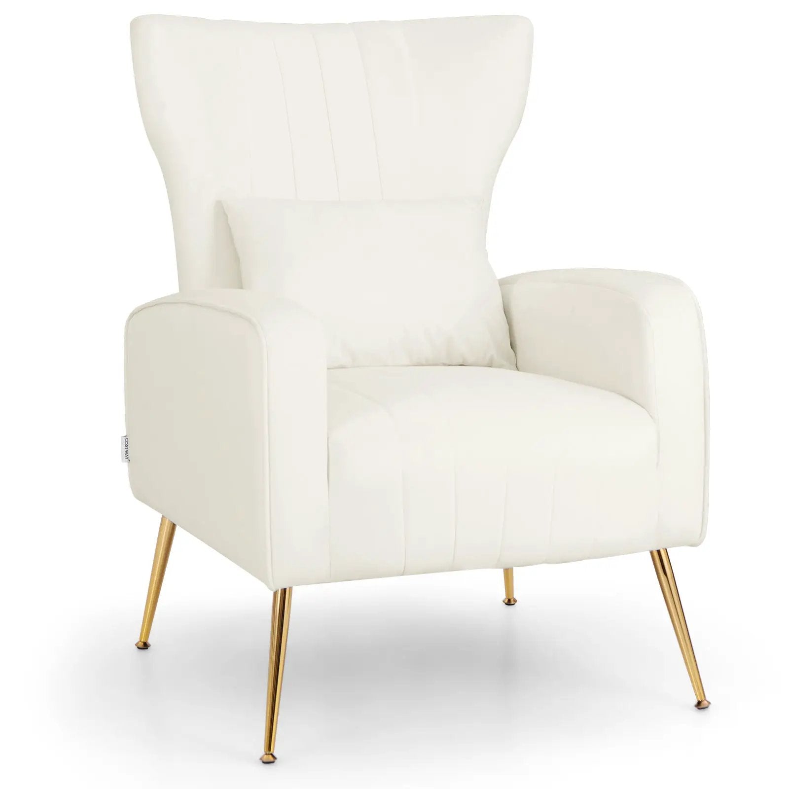 Velvet Upholstered Wingback Chair with Lumbar Pillow and Golden Metal Legs by DirectDeals
