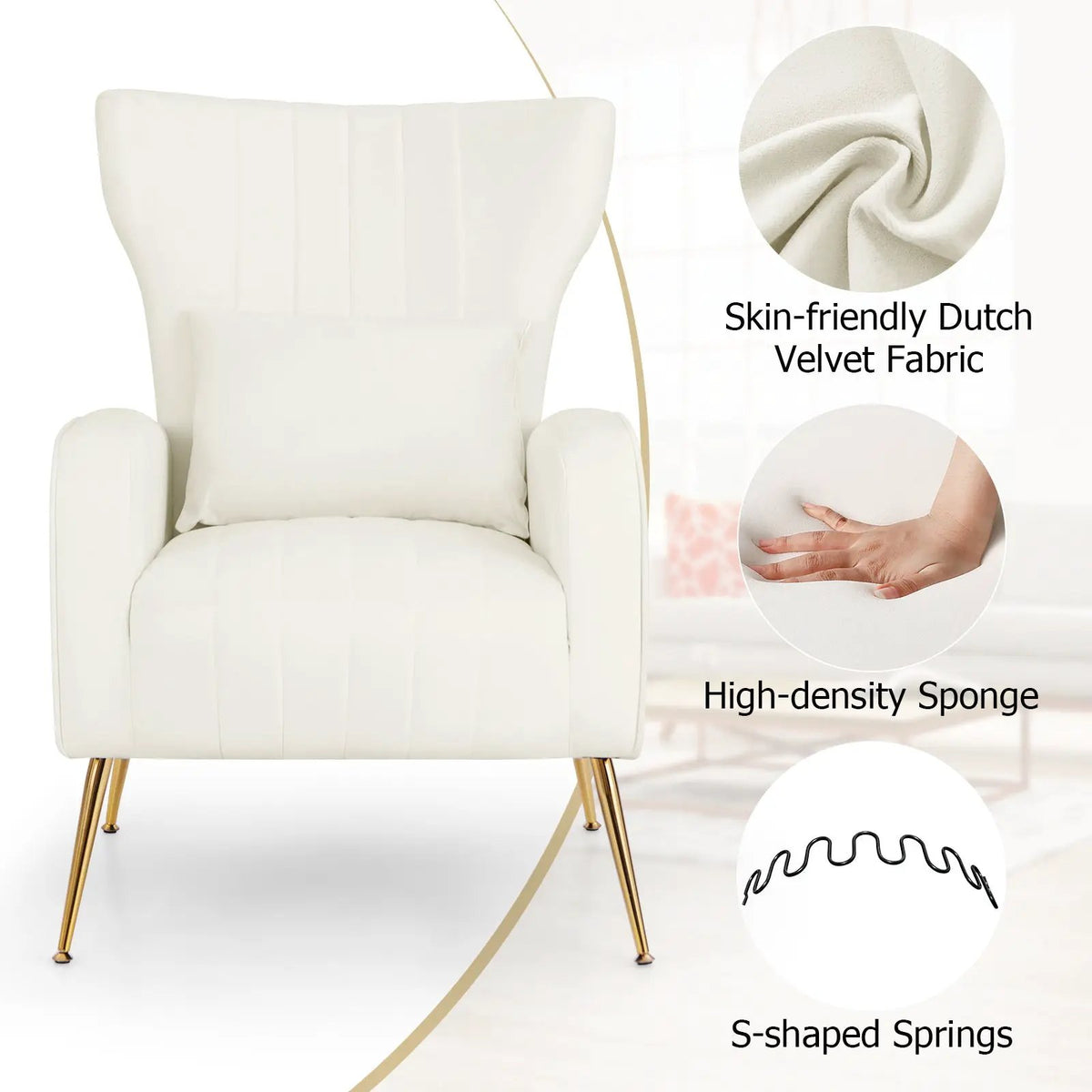 Velvet Upholstered Wingback Chair with Lumbar Pillow and Golden Metal Legs, photo 21 of 32