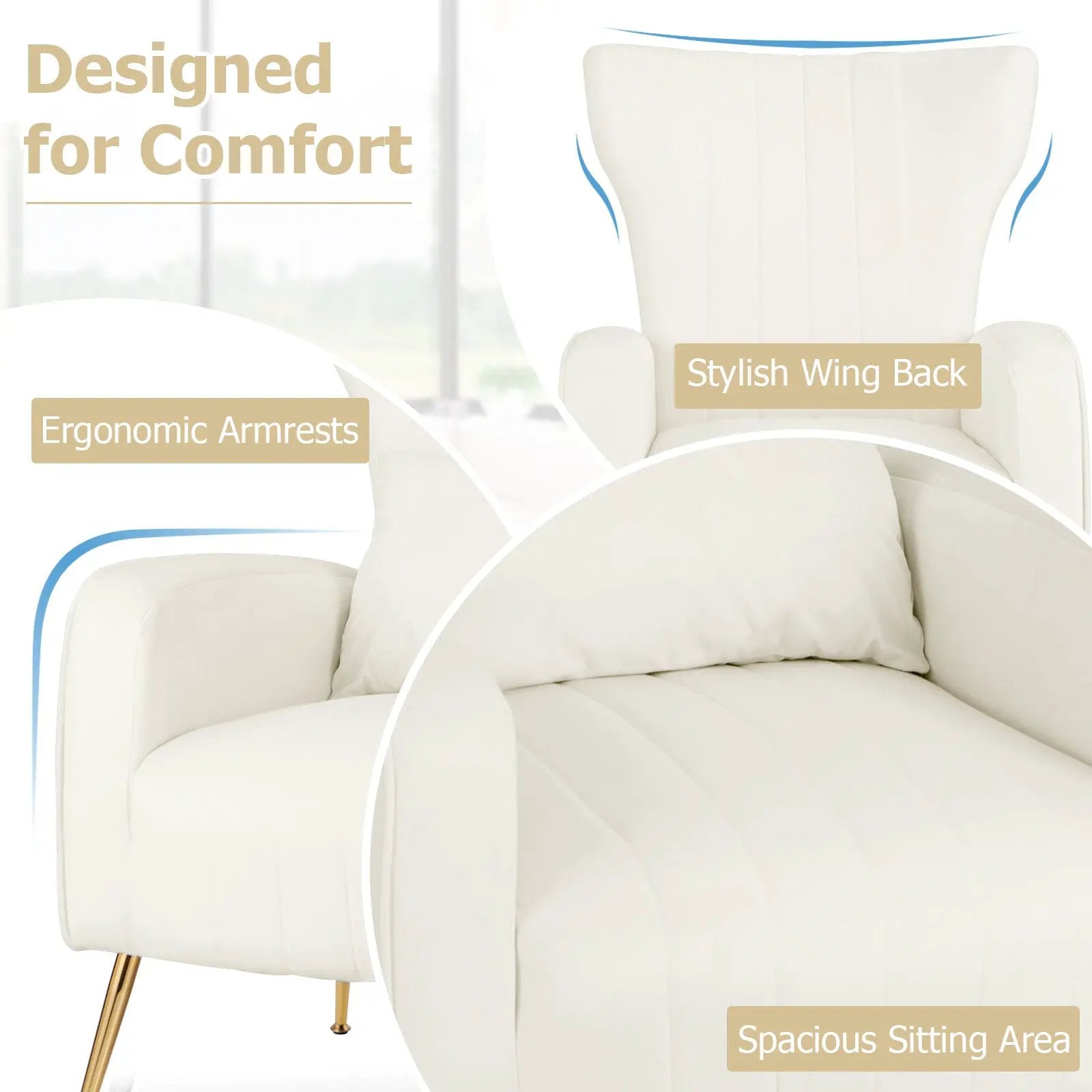Velvet Upholstered Wingback Chair with Lumbar Pillow and Golden Metal Legs by DirectDeals
