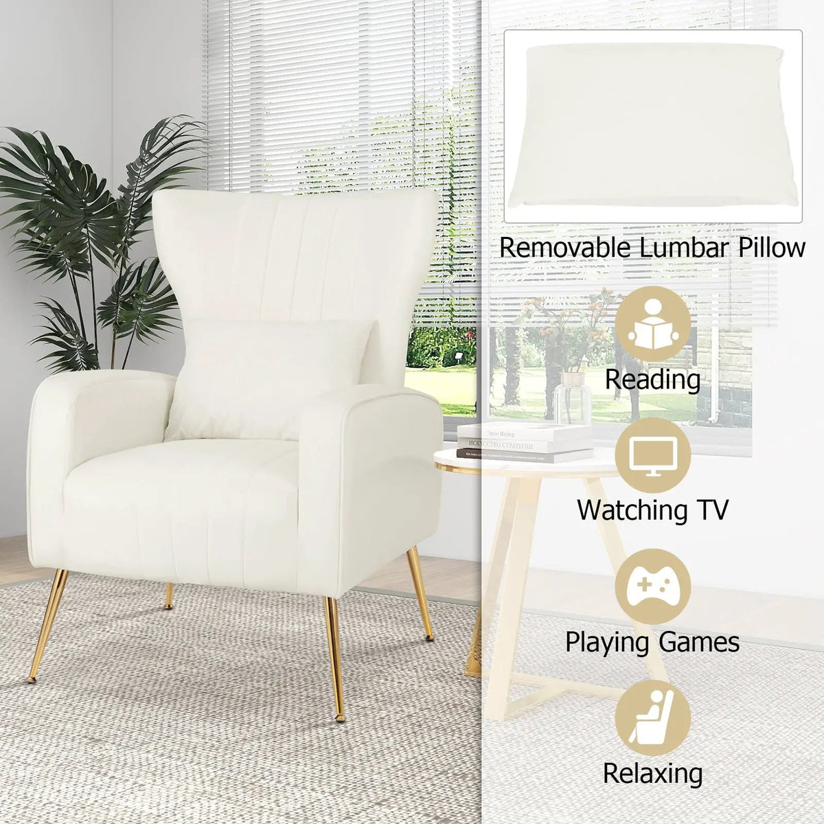 Velvet Upholstered Wingback Chair with Lumbar Pillow and Golden Metal Legs, photo 32 of 32