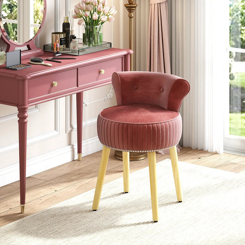 Velvet Vanity Chair with Back Upholstered Vanity Stool with Tufted Low Back and Solid Wood Legs by DirectDeals
