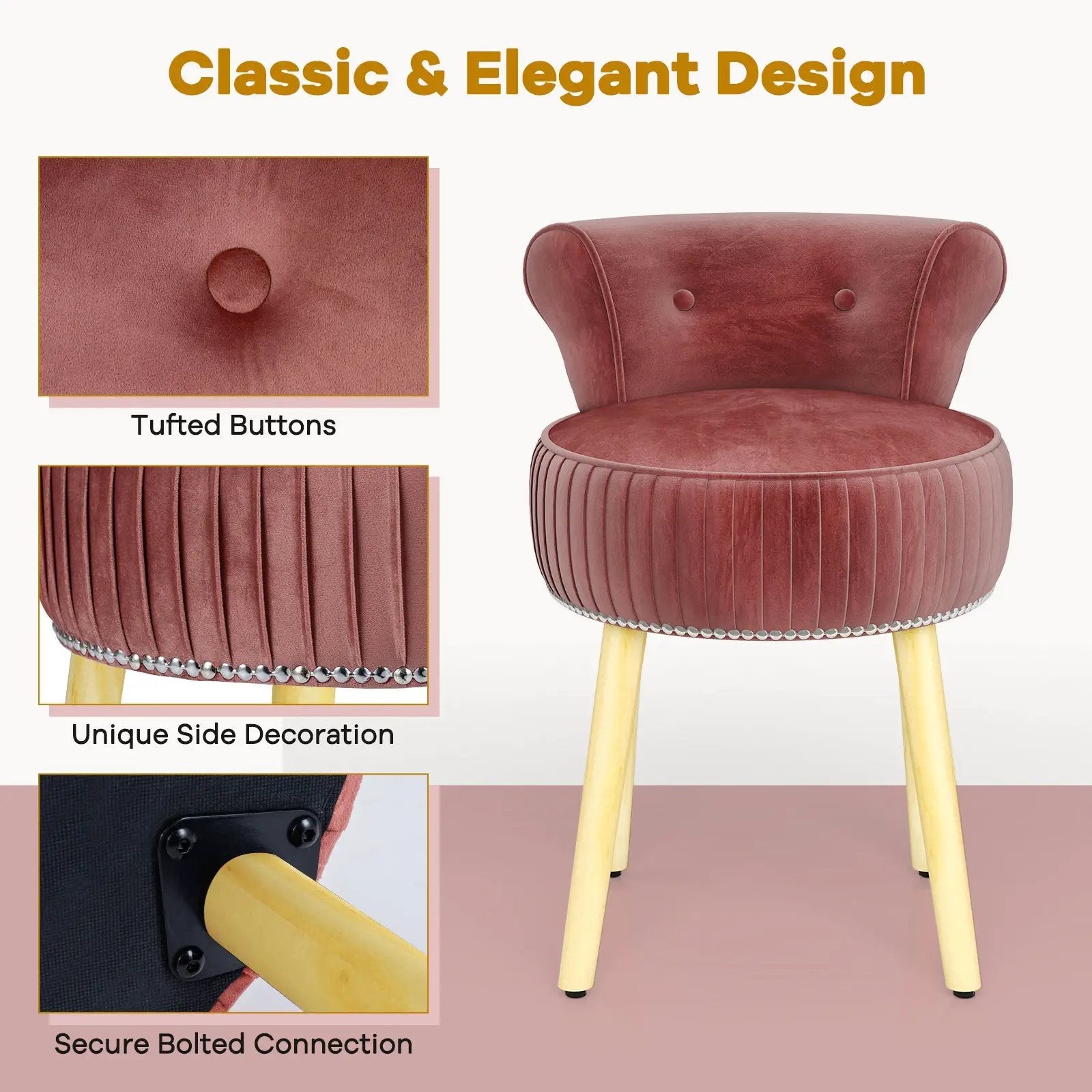 Velvet Vanity Chair with Back Upholstered Vanity Stool with Tufted Low Back and Solid Wood Legs by DirectDeals
