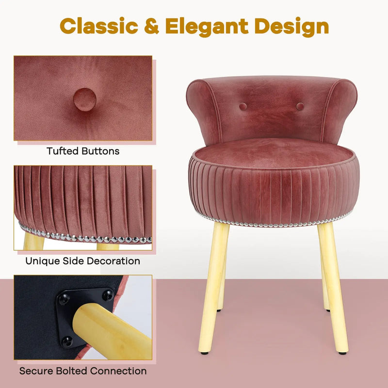 Velvet Vanity Chair with Back Upholstered Vanity Stool with Tufted Low Back and Solid Wood Legs by DirectDeals
