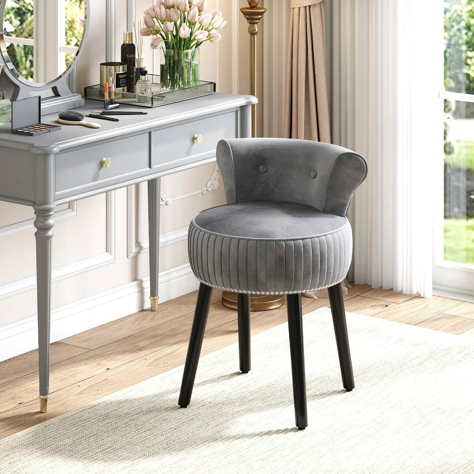 Velvet Vanity Chair with Back Upholstered Vanity Stool with Tufted Low Back and Solid Wood Legs by DirectDeals