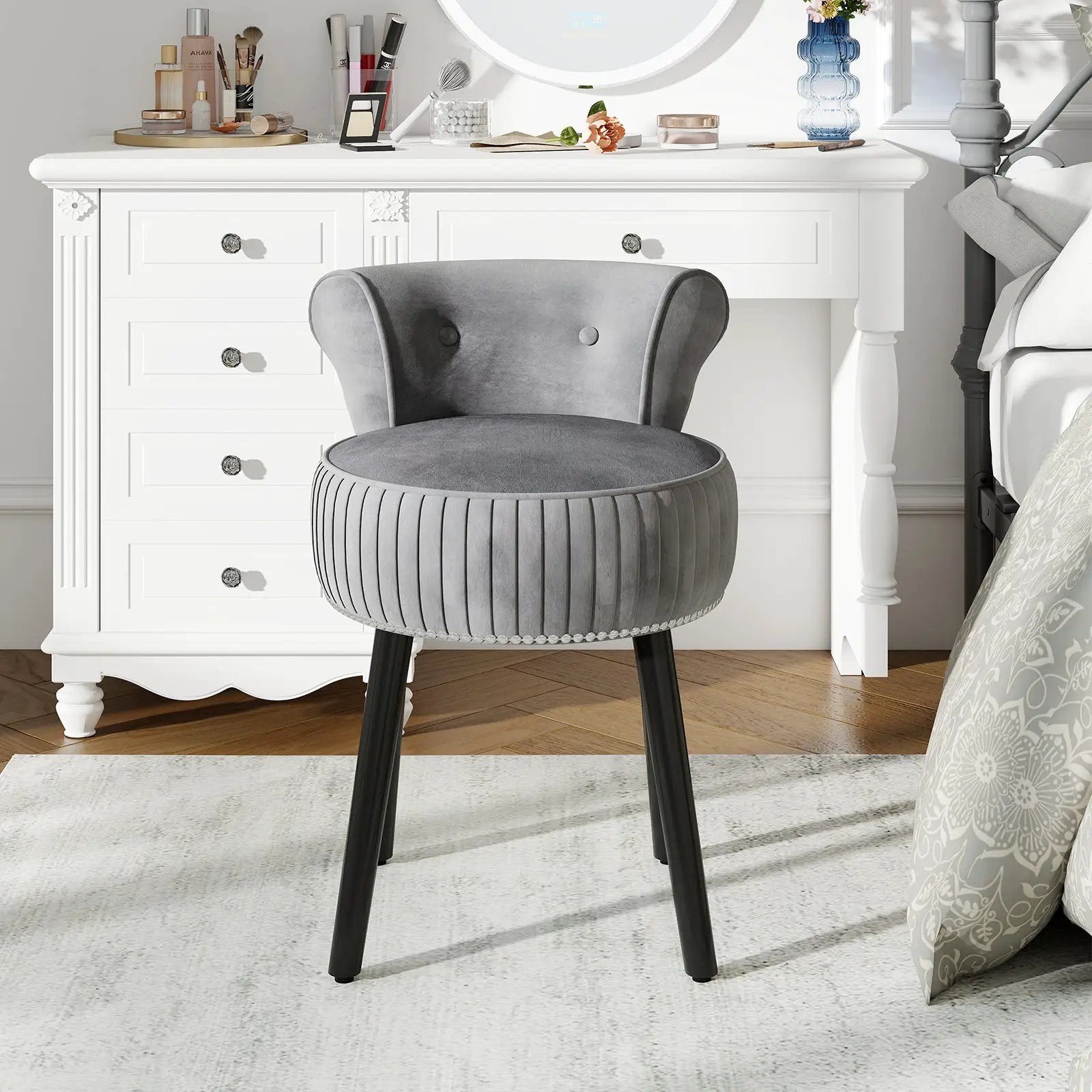 Velvet Vanity Chair with Back Upholstered Vanity Stool with Tufted Low Back and Solid Wood Legs by DirectDeals