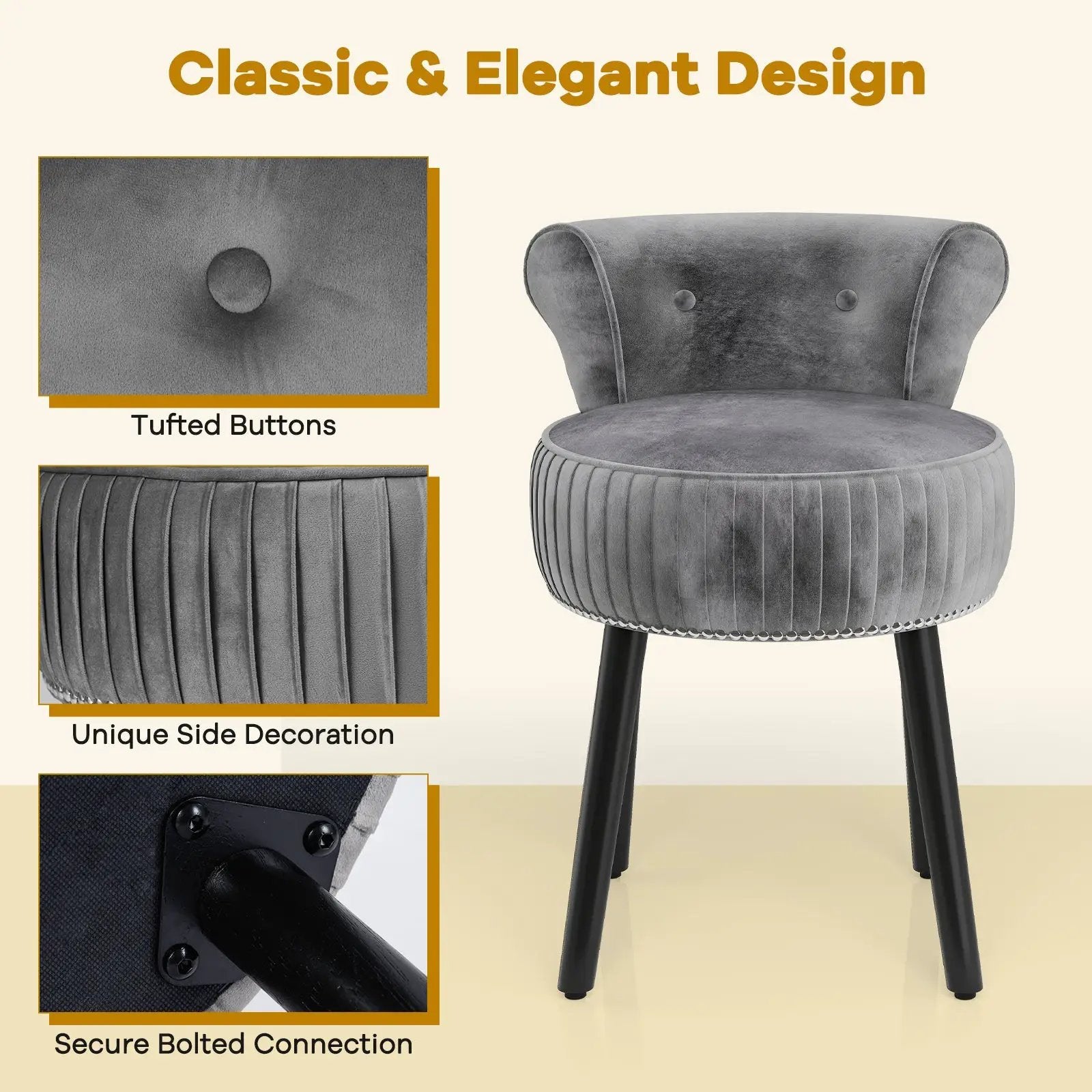 Velvet Vanity Chair with Back Upholstered Vanity Stool with Tufted Low Back and Solid Wood Legs by DirectDeals