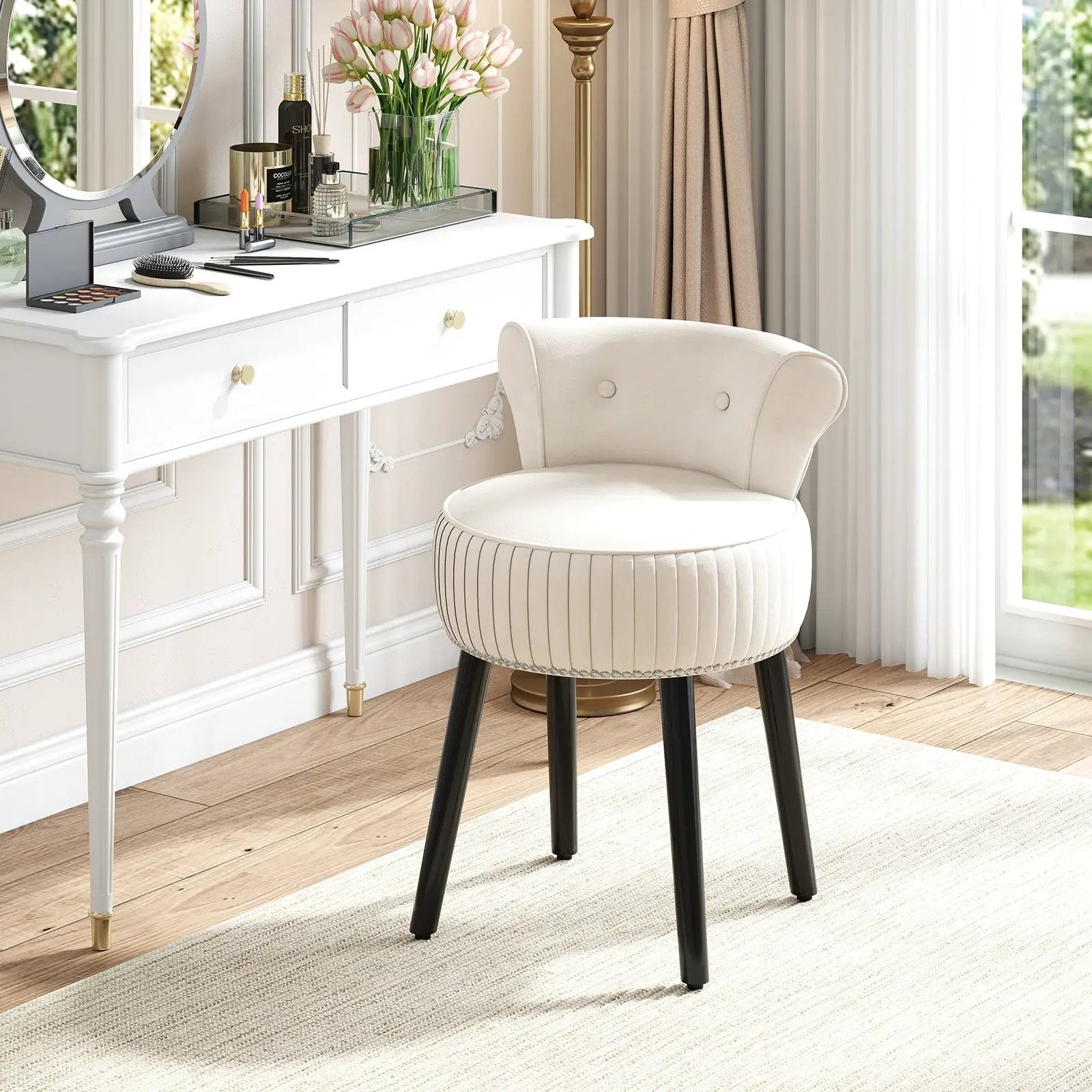 Velvet Vanity Chair with Back Upholstered Vanity Stool with Tufted Low Back and Solid Wood Legs by DirectDeals