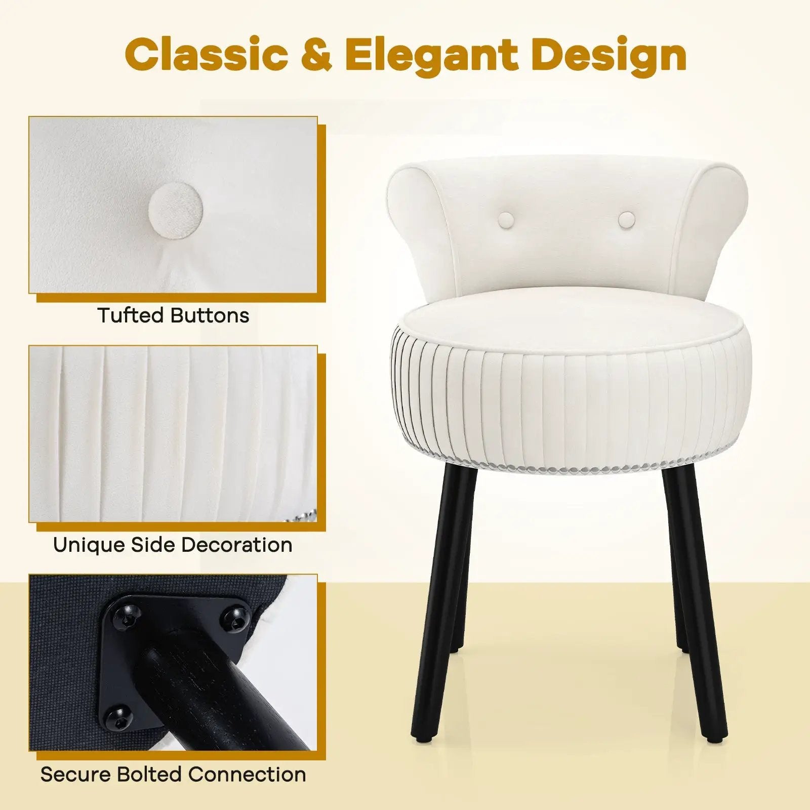 Velvet Vanity Chair with Back Upholstered Vanity Stool with Tufted Low Back and Solid Wood Legs by DirectDeals