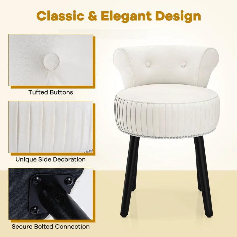Velvet Vanity Chair with Back Upholstered Vanity Stool with Tufted Low Back and Solid Wood Legs by DirectDeals