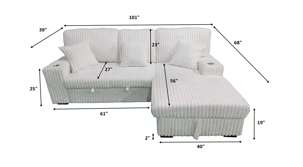 Venice Ivory Corduroy Storage Sleeper Sectional w/ Dual Cupholders & USB Ports by Ornate Furniture