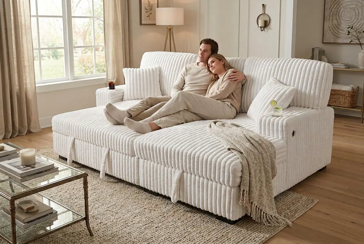 Venice Ivory Corduroy Storage Sleeper Sectional w/ Dual Cupholders & USB Ports by Ornate Furniture