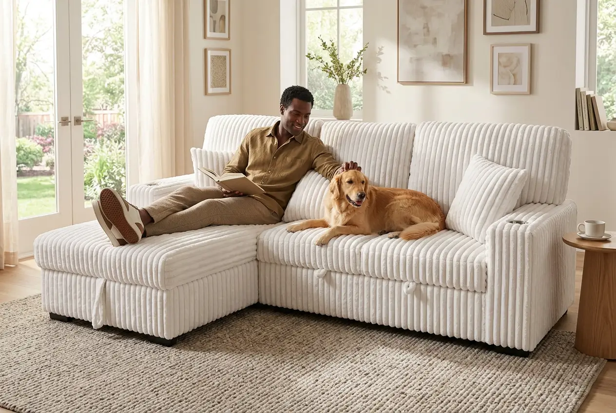 Venice Ivory Corduroy Storage Sleeper Sectional w/ Dual Cupholders & USB Ports by Ornate Furniture