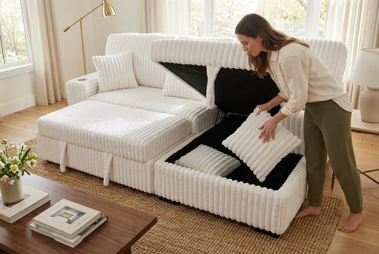 Venice Ivory Corduroy Storage Sleeper Sectional w/ Dual Cupholders & USB Ports by Ornate Furniture