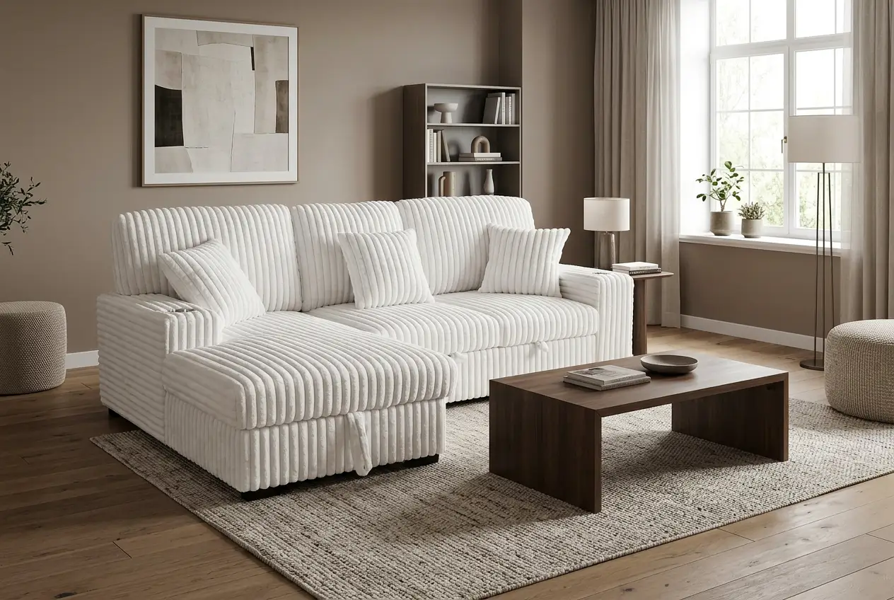 Venice Ivory Corduroy Storage Sleeper Sectional w/ Dual Cupholders & USB Ports by Ornate Furniture