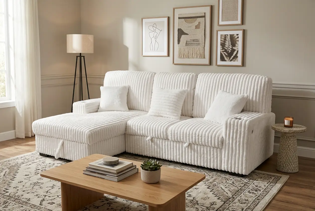 Venice Ivory Corduroy Storage Sleeper Sectional w/ Dual Cupholders & USB Ports by Ornate Furniture