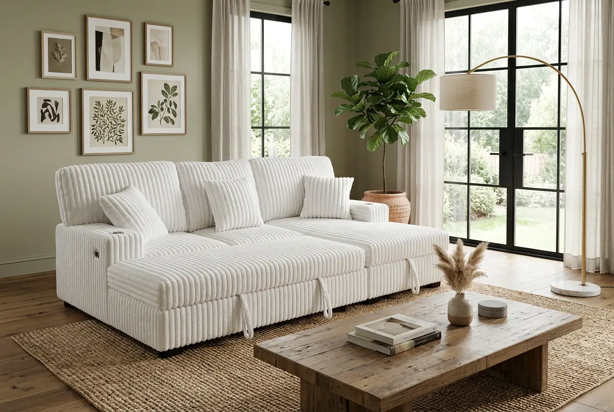 Venice Ivory Corduroy Storage Sleeper Sectional w/ Dual Cupholders & USB Ports by Ornate Furniture