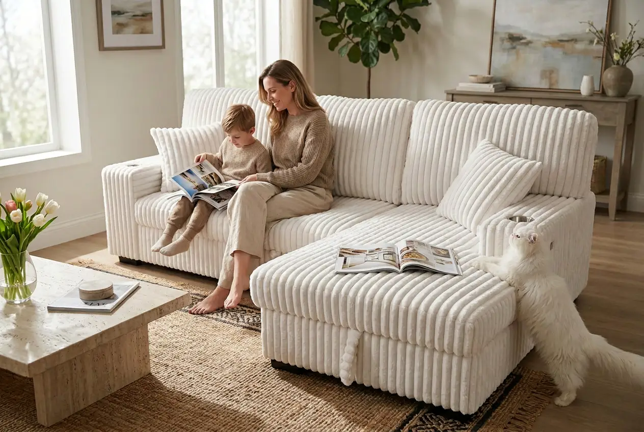 Venice Ivory Corduroy Storage Sleeper Sectional w/ Dual Cupholders & USB Ports by Ornate Furniture