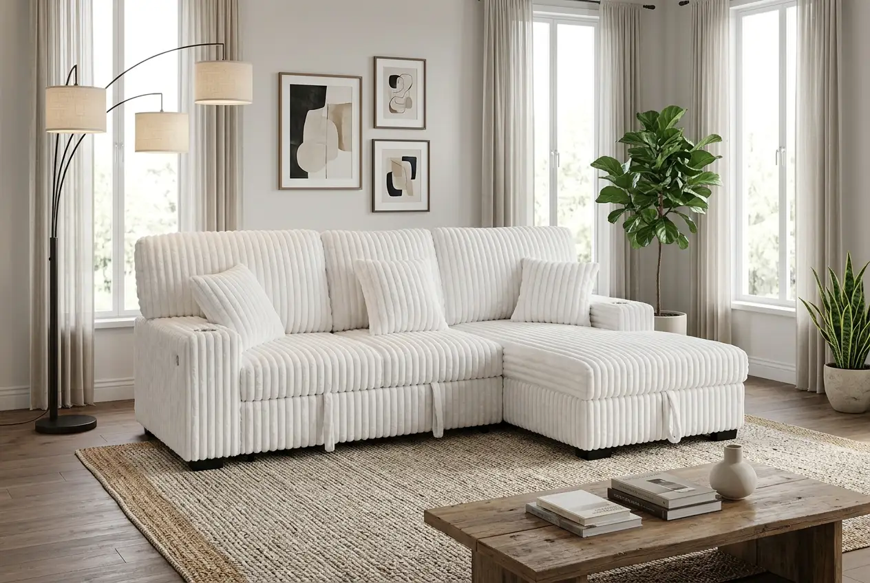 Venice Ivory Corduroy Storage Sleeper Sectional w/ Dual Cupholders & USB Ports by Ornate Furniture