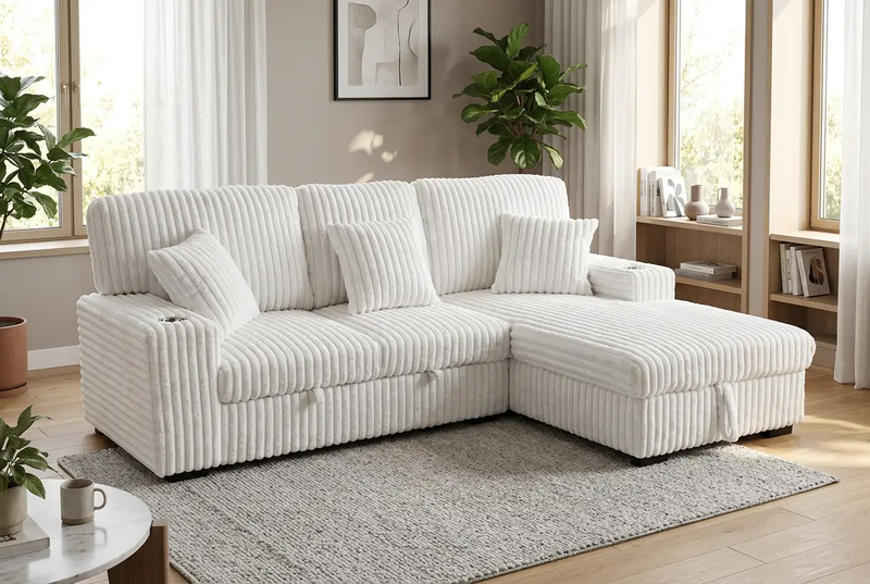 Venice Ivory Corduroy Storage Sleeper Sectional w/ Dual Cupholders & USB Ports by Ornate Furniture