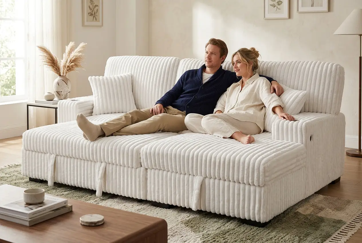 Venice Ivory Corduroy Storage Sleeper Sectional w/ Dual Cupholders & USB Ports by Ornate Furniture