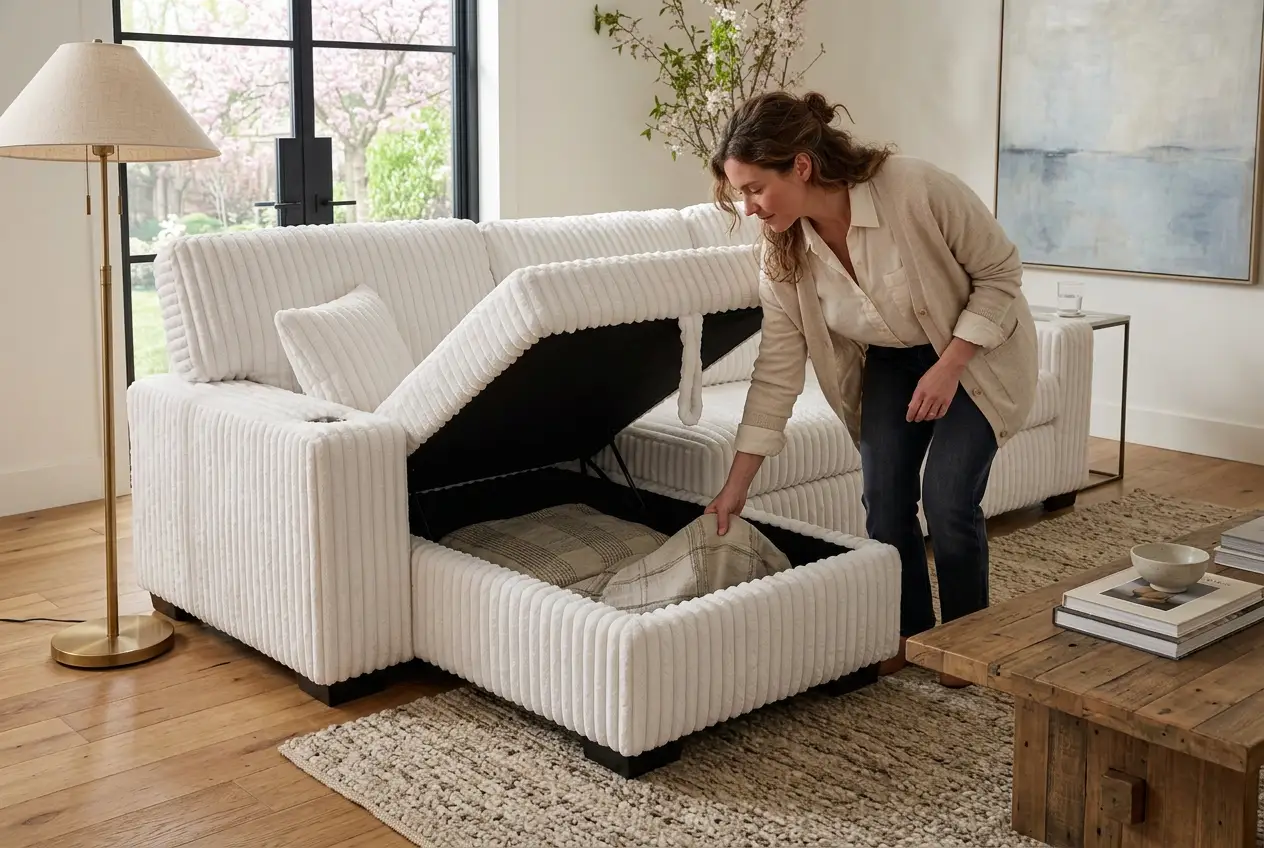 Venice Ivory Corduroy Storage Sleeper Sectional w/ Dual Cupholders & USB Ports by Ornate Furniture