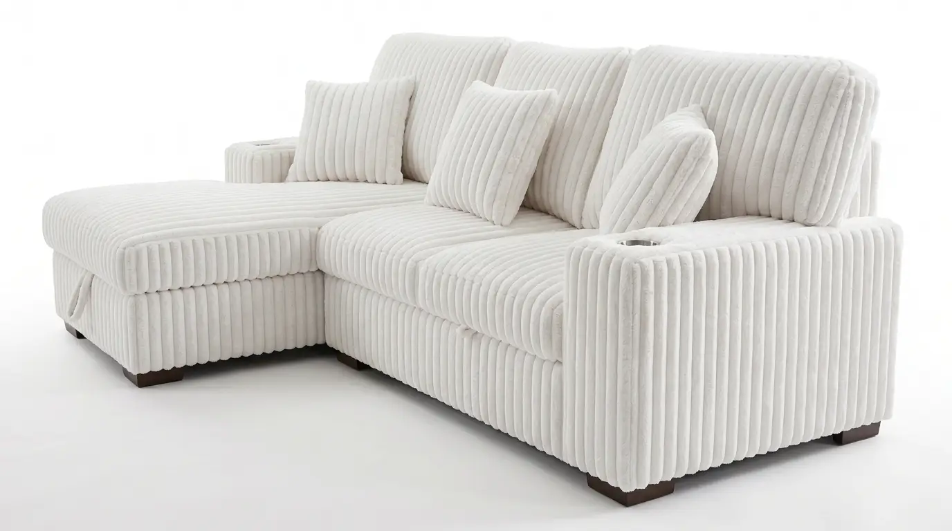 Venice Ivory Corduroy Storage Sleeper Sectional w/ Dual Cupholders & USB Ports by Ornate Furniture