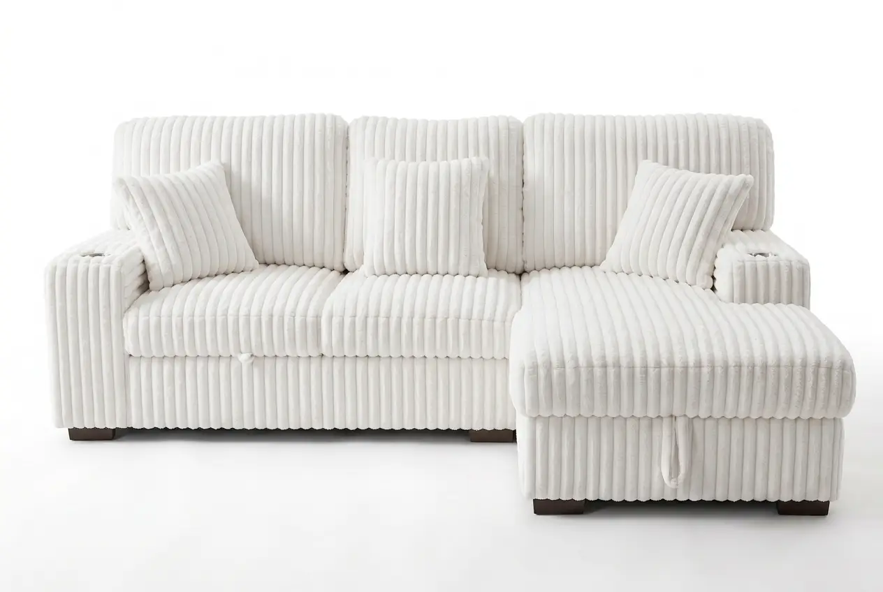 Venice Ivory Corduroy Storage Sleeper Sectional w/ Dual Cupholders & USB Ports by Ornate Furniture