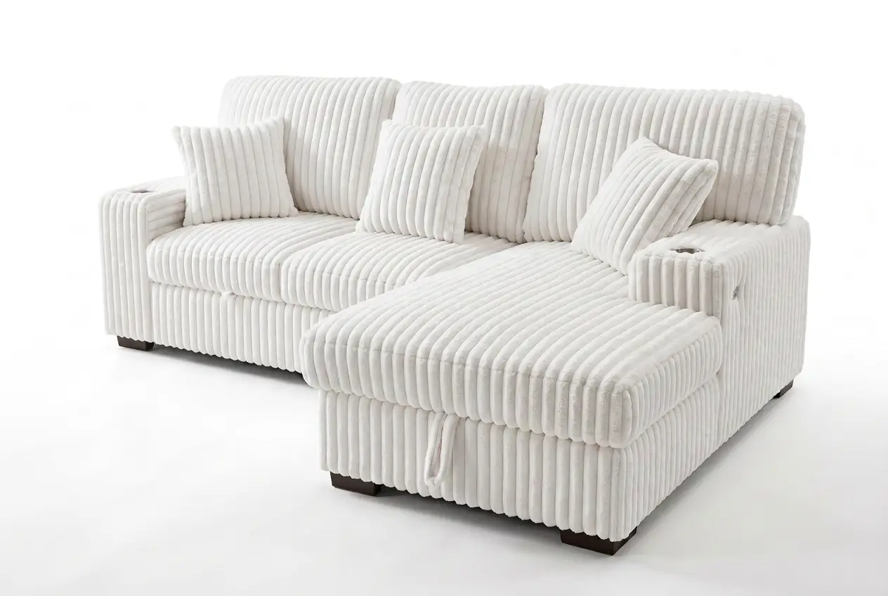 Venice Ivory Corduroy Storage Sleeper Sectional w/ Dual Cupholders & USB Ports by Ornate Furniture