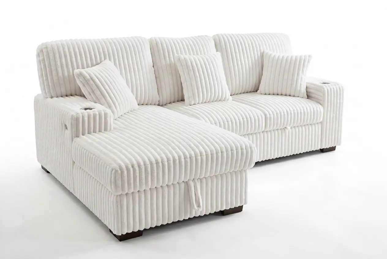 Venice Ivory Corduroy Storage Sleeper Sectional w/ Dual Cupholders & USB Ports by Ornate Furniture