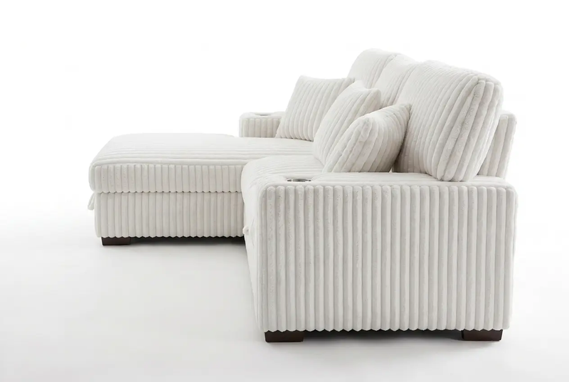 Venice Ivory Corduroy Storage Sleeper Sectional w/ Dual Cupholders & USB Ports by Ornate Furniture
