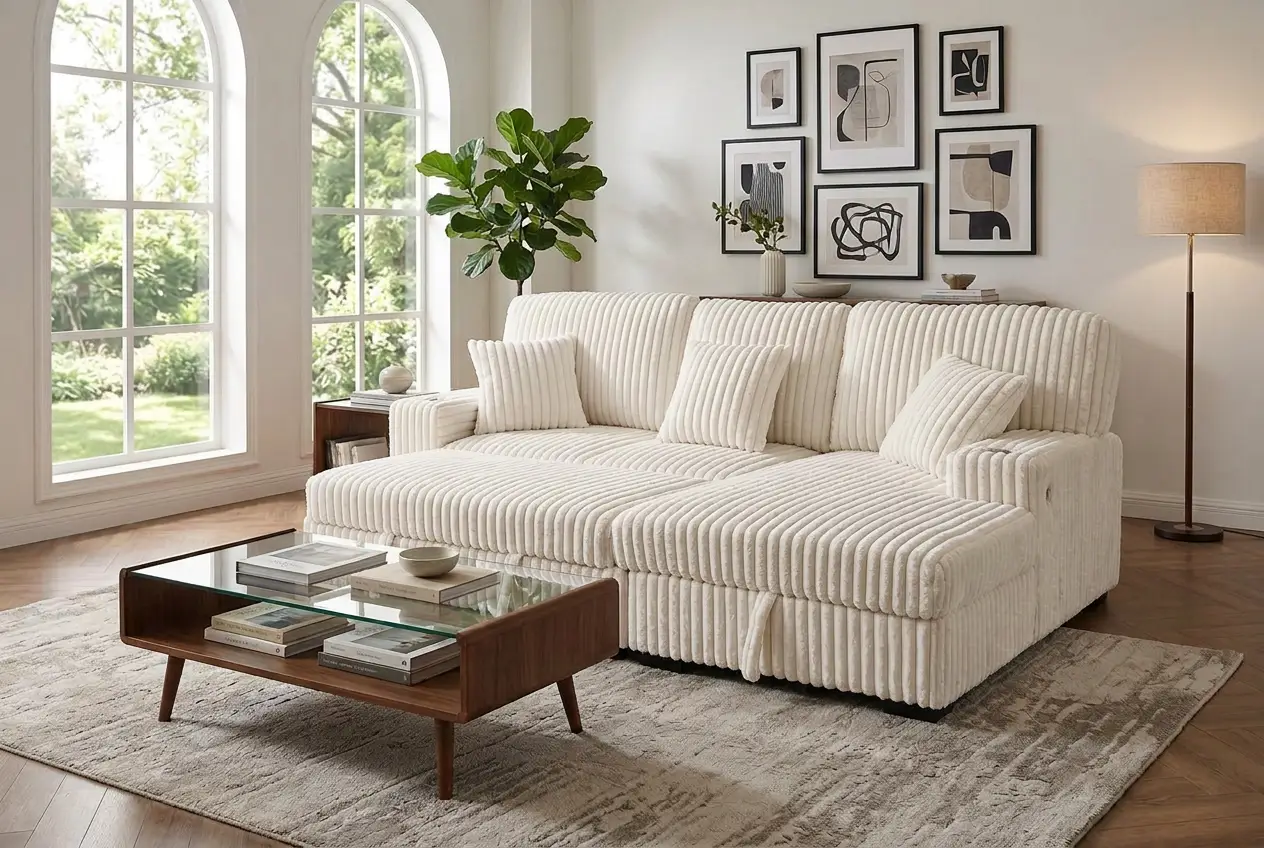 Venice Ivory Corduroy Storage Sleeper Sectional w/ Dual Cupholders & USB Ports by Ornate Furniture