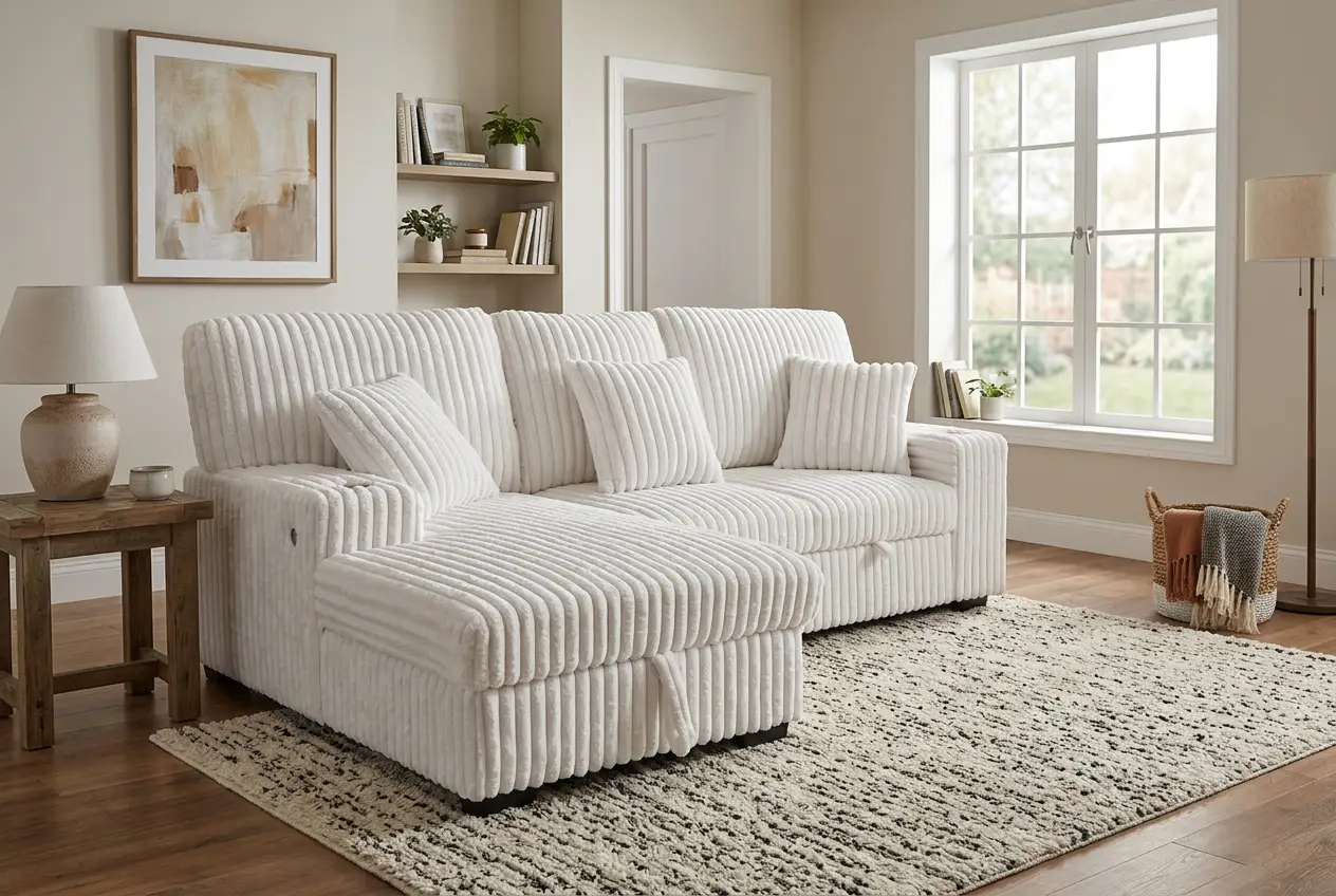 Venice Ivory Corduroy Storage Sleeper Sectional w/ Dual Cupholders & USB Ports by Ornate Furniture